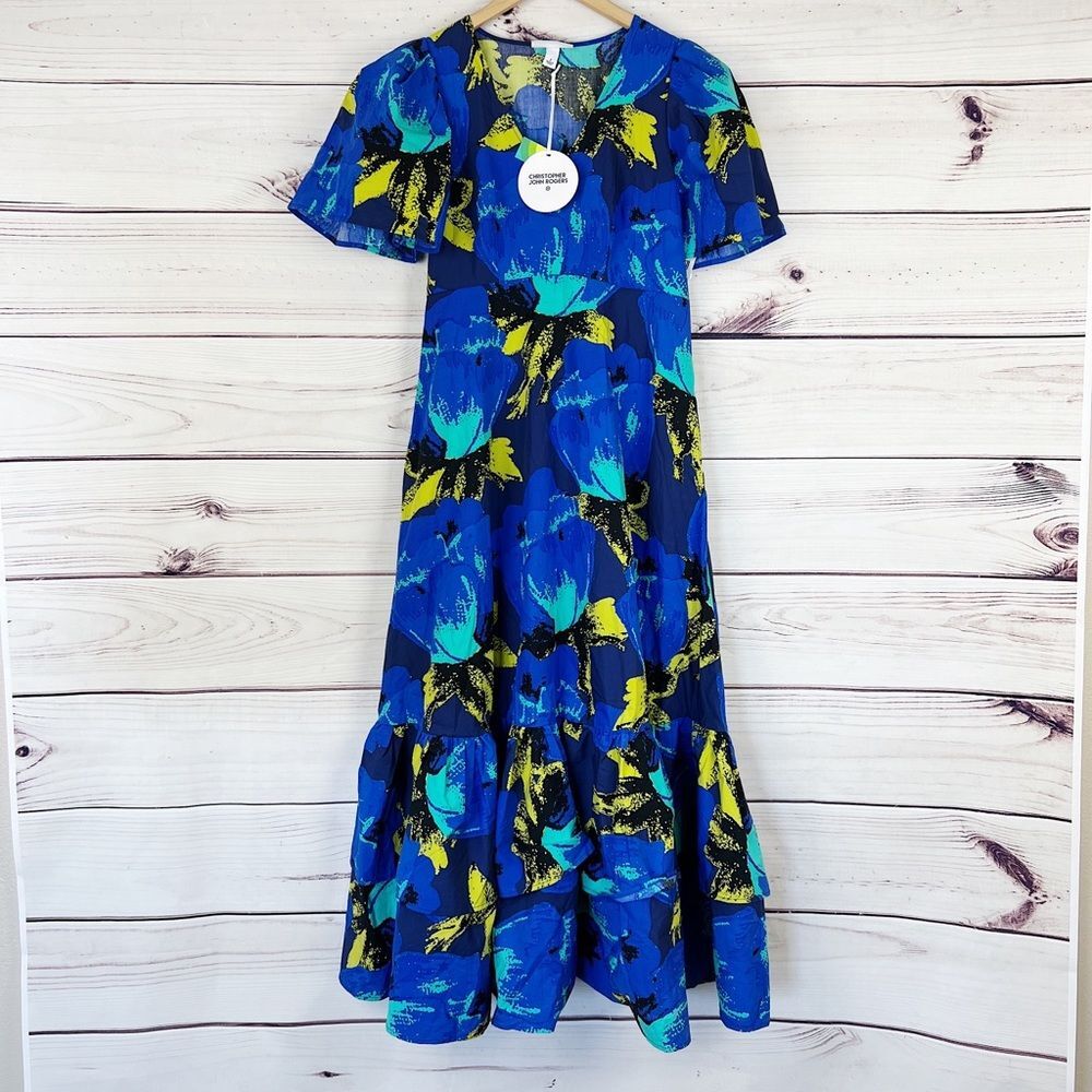 Christopher John Rodgers Blue Paradise Tiered Puff Maxi Dress Size - Picture 3 of 9